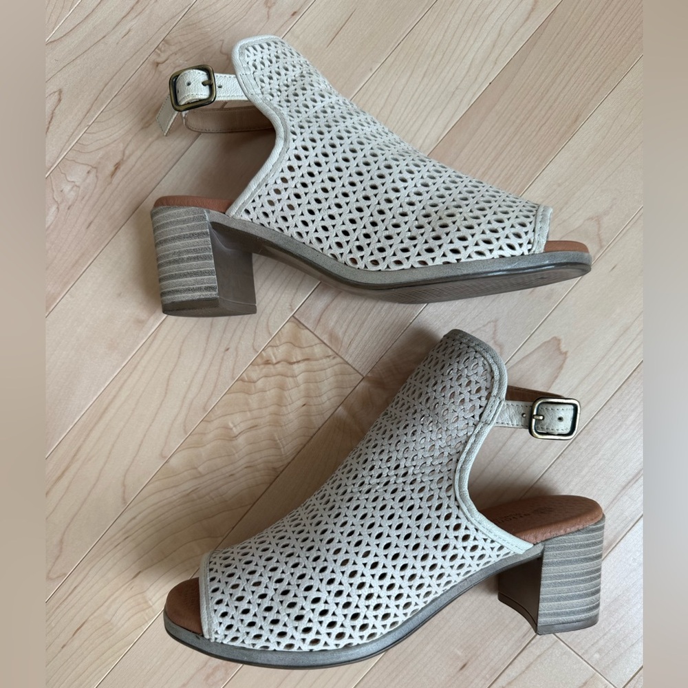 Eric Michael Neutral Suede Perforated Block Heel Open Toe Sandals
